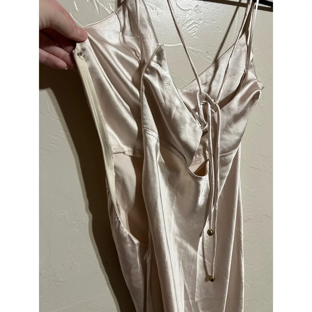 Here Comes the Sun Satin Slip Midi Evening Dress Cowl Neck Tie Back Champagne XS